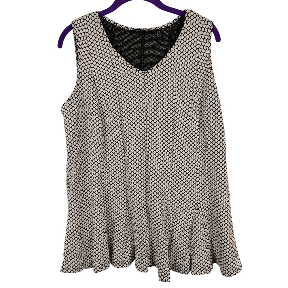 H by Halston Womens 1X Sleeveless Peplum Top Black White Geometric Officecore